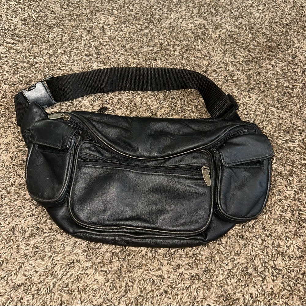 Black Leather Belt Bag with Adjustable Strap